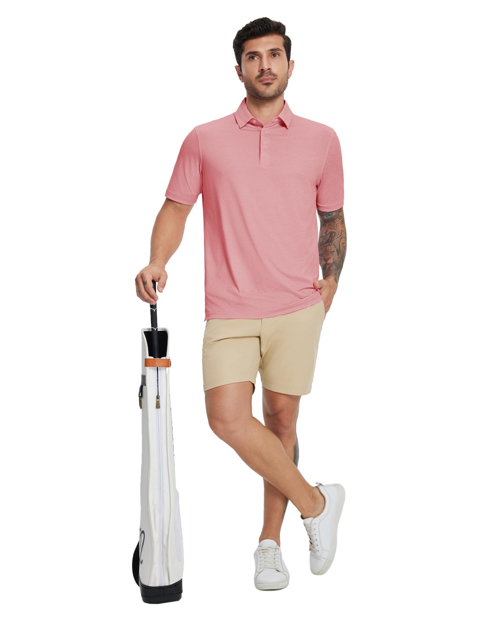 MICHEL ROUEN Men's Dry Fit Golf Polo Shirt Pink Heather Jacquard Size M